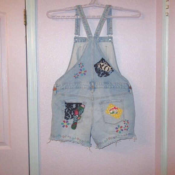 Isabel Maternity PATCHWORK Bib Overalls Size 10 SHORTALLS Shorts DIY Romper BOHO - Picture 7 of 12